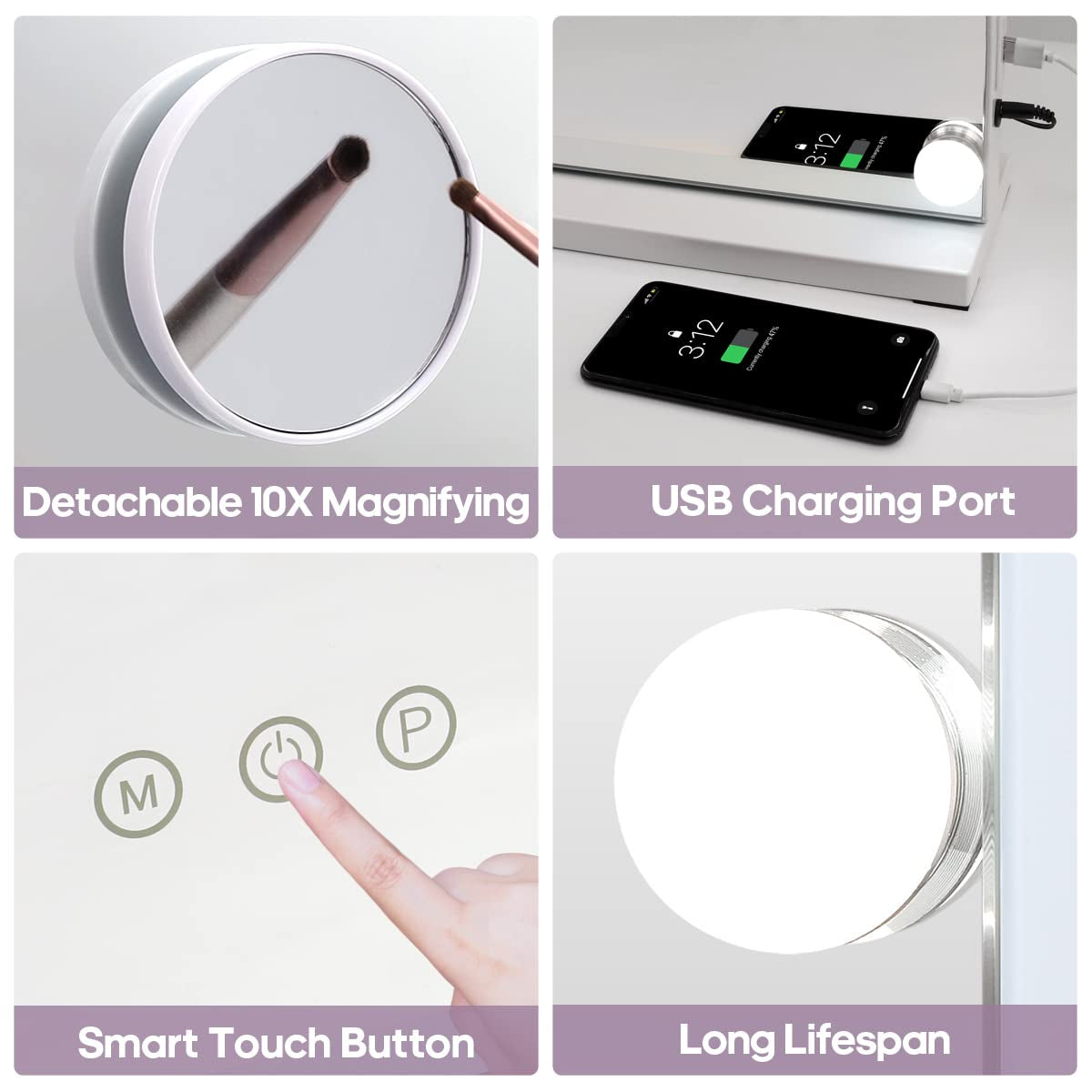 Vanity Mirror with Lights, Hollywood Mirror with Lights, 14 Adjustable LED Bulbs 3 Color Lighting, Touch Screen, USB Charge Port