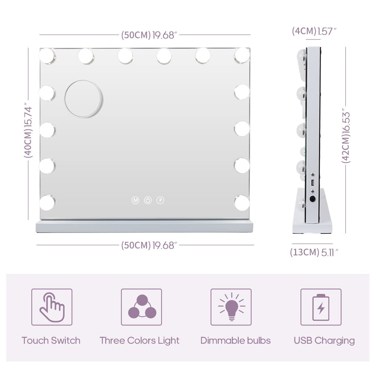 Vanity Mirror with Lights, Hollywood Mirror with Lights, 14 Adjustable LED Bulbs 3 Color Lighting, Touch Screen, USB Charge Port