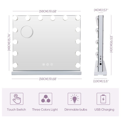 Vanity Mirror with Lights, Hollywood Mirror with Lights, 14 Adjustable LED Bulbs 3 Color Lighting, Touch Screen, USB Charge Port